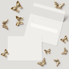 Two envelopes mockup white front and back. Flatlay envelope template with copy space. Decorative golden butterflies. 3D Illustration.