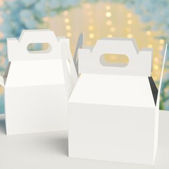 Two white blank carry boxes with handle. Cardboard packaging box gable style sitting on white table. Green balloons and blurred background lights. 3D rendering.