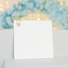 Square white gift tag mockup with golden cord. Square favor tag mockup with copy space. Green balloons and blurred background lights. 3D rendering.