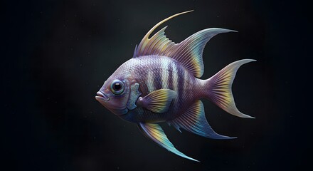 Fototapeta premium Isolated Striped Fish with Elaborate Fins Swimming in Dark Water