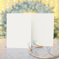 Two White Blank Greeting Invitation Card Mockup for Wedding Invitations 5x7. Birthday Invitation Mockup with Copy Space. Green Balloons Background with Blurred Background Lights. 3D Illustration.