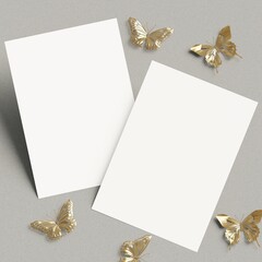 Two White Blank Greeting Invitation Card Mockup for Wedding Invitations 5x7. Birthday Invitation Mockup with Copy Space on grey background with decorative golden butterflies. 3D Illustration.