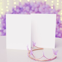 Two White Blank Greeting Invitation Card Mockup for Birthday Invitation. Wedding Invitations Mockup with Copy Space. Purple Balloons, decorative crown tiara with Blurred Background Lights. 3D render.