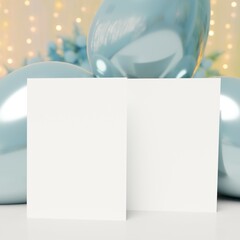 Two White Blank Greeting Invitation Card Mockup for Birthday Invitation on white table. Wedding Invitations Mockup with Copy Space. Green Balloons with Blurred Background Lights. 3D Illustration.
