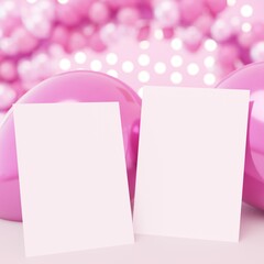 Two White Blank Birthday party invitation Card Mockup for girly pink happy birthday. Template with Copy Space. Pink Balloons Background with Blurred Background Lights. 3D Illustration.