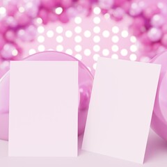 Two White Blank Birthday party invitation Card Mockup for girly pink happy birthday. Pink Balloons Background with Blurred Background Lights. Template with Copy Space. 3D Illustration.
