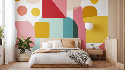 Chic modern bedroom featuring statement mural with vibrant geometric shapes and colors, creating lively and inviting atmosphere. stylish decor includes cozy bed and decorative plants