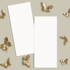 Two White Blank menu card mockup for wedding celebration. Flatlay template of Birthday Program cards Mockup with Copy Space. Decorative golden butterflies. 3D Illustration.