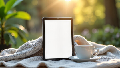 Tablet displaying blank screen with coffee and blanket in outdoor setting, with copy space