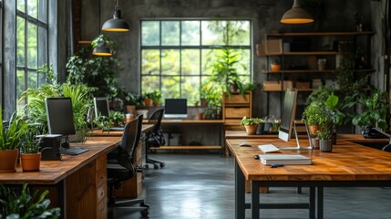 Fototapeta premium Lush Green Office Space with Modern Furniture and Abundant Natural Light