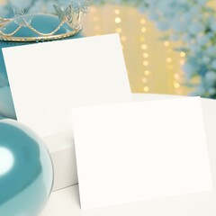 Two White Blank Invitation Card Mockup for Birthday Invitation. Landscape Wedding Invitations Mockup with Copy Space. Green Balloons, decorative crown tiara with Blurred Background Lights. 3D render.