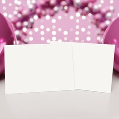 Two White Blank Invitation Card Mockup for girly pink happy birthday Invitation. Landscape Wedding Invitations Mockup with Copy Space. Pink Balloons and Blurred Background Lights. 3D render.