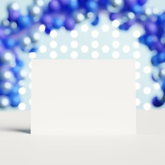 Elegant white blank Invitation Card Mockup for happy birthday Invitation. Landscape Wedding Invitations Mockup with Copy Space. Blue Balloons with Blurred Background Lights. 3D Illustration.