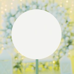 Blank round sticker mockup. Circular label template. White tag mock up. Green balloons and blurred background lights. 3D rendering.