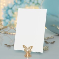 Blank wedding place card table number mock up. Name place table card mockup for birthday events. Decorative golden butterflies, crown tiara with green Balloons and Blurred Background Lights. 3D render