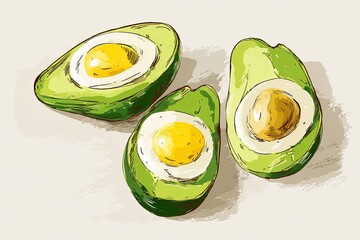 Whimsical Avocado Halves Topped with Eggs Colorful Food Illustration.
