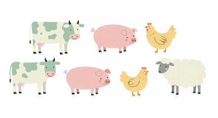 Obraz premium Adorable cartoon illustrations of farm animals set against a clean white background.