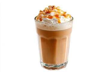 Iced coffee with whipped cream and caramel in a glass on white background