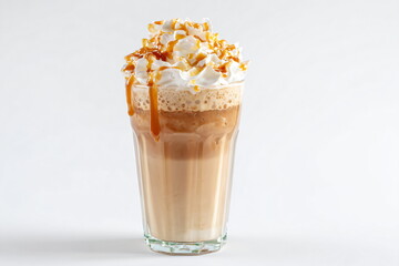 Iced coffee with whipped cream and caramel in a glass on white background