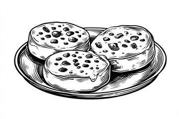 Delicious Crumpets: A Delightful Hand-Drawn Illustration of Three Golden Brown Crumpets Served on a Plate, Ready to Be Enjoyed