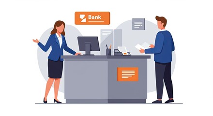 Bank teller assisting a customer in a modern bank setting with illustration style