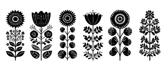 Black silhouette symmetrical flowers. Scandinavian folk art illustration. Floral composition art drawing.