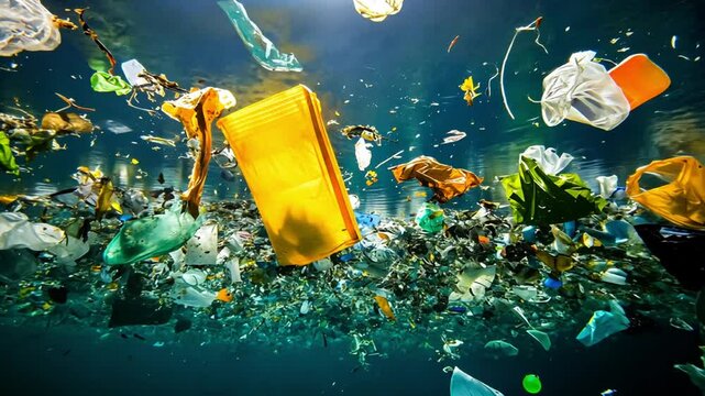 Underwater scene depicting various types of plastic waste floating, highlighting pollution issues