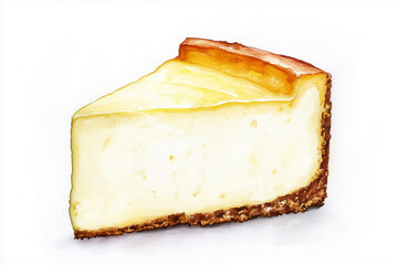 Hand-painted watercolor illustration of a delicious cheesecake. The dessert is depicted in a realistic yet artistic style. Perfect for culinary design, packaging, recipe books