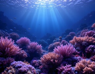 Fototapeta premium Underwater in the blue Red Sea, a tropical coral reef with marine fish thrives in its aquatic nature