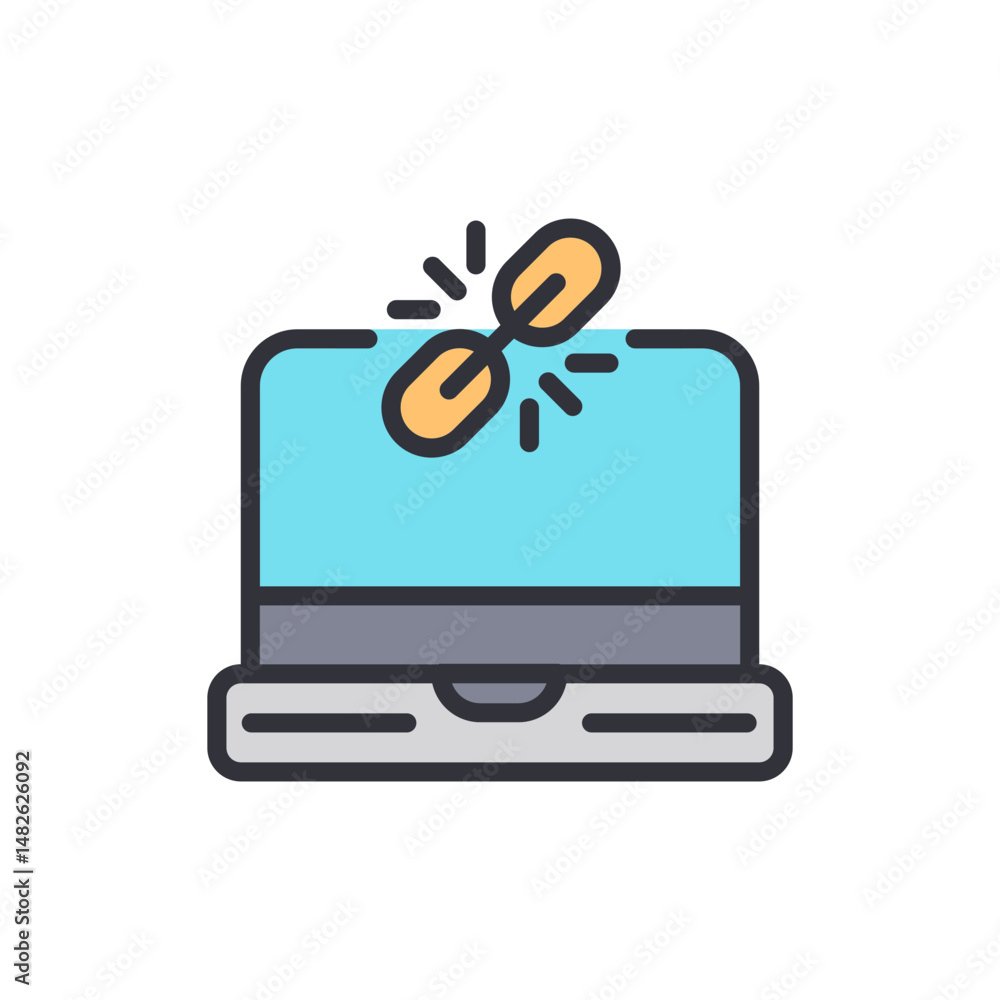 Poster computer with linked symbol icon on screen in vector style