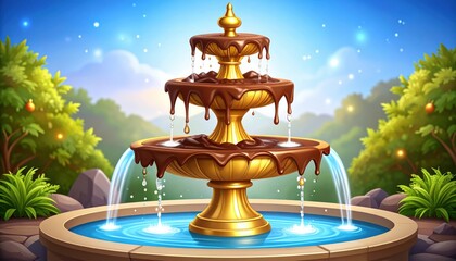Naklejka premium A chocolate fountain flows in a serene garden, celebrating Chocolate Day.