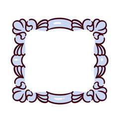 Square blue frame for painting and mirror. Carved ornate frame for museum and art gallery. Antique mascot, framework with blank space in Victorian style, cartoon vector illustration