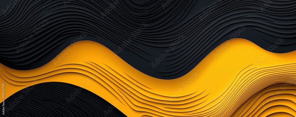 Poster dynamic golden-black gradient waves with minimalist line art, contemporary visual elements for mobil