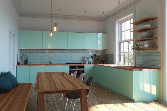 Stunning Neo-Mint Kitchen With Wooden Accents and Bright Natural Light Generative AI