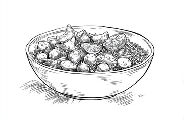Delicious Bowl Line Art of Healthy Quinoa with Fruits, and and Vegetables.