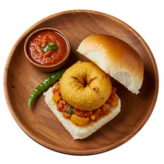 Delicious Vada Pao Sandwich with Spicy Sauce on Wooden Plate