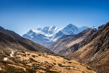 Thorung Khola gorge in autumn. Trekking route from Manang to Thorong La against snowy and high Gangapurna and Annapurna III peaks. Himalaya mountains, Nepal.