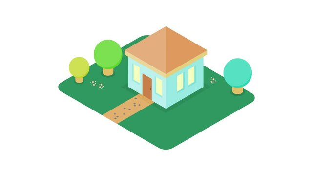 isometric house. house and yard. home. rented. property. business. family. rural. residence. garden. light blue house. quiet and comfortable. dream. simple animation, motion graphics.