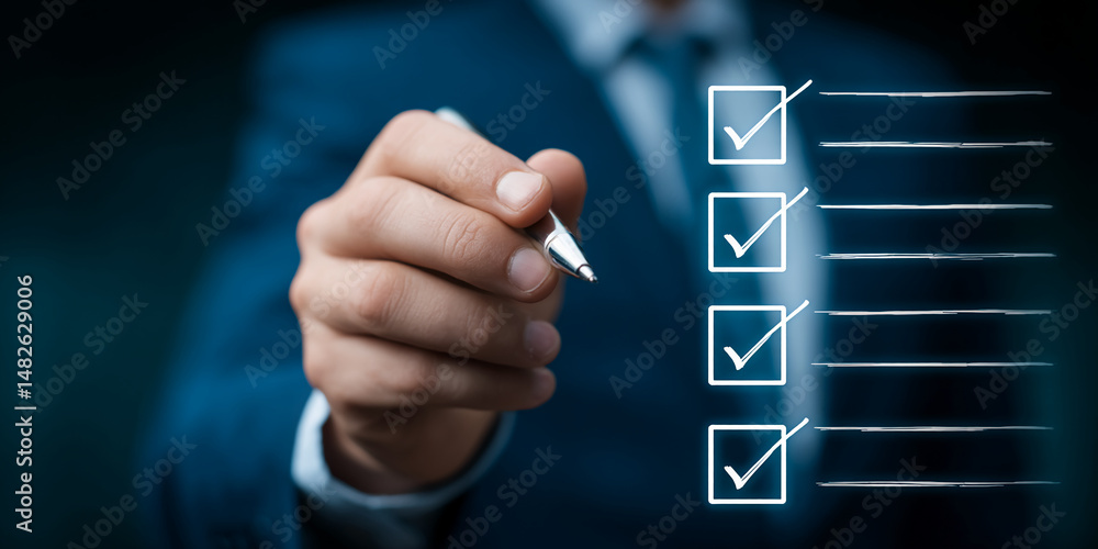 Poster close-up of hand checking items on a digital checklist, symbolizing task completion, planning, and o