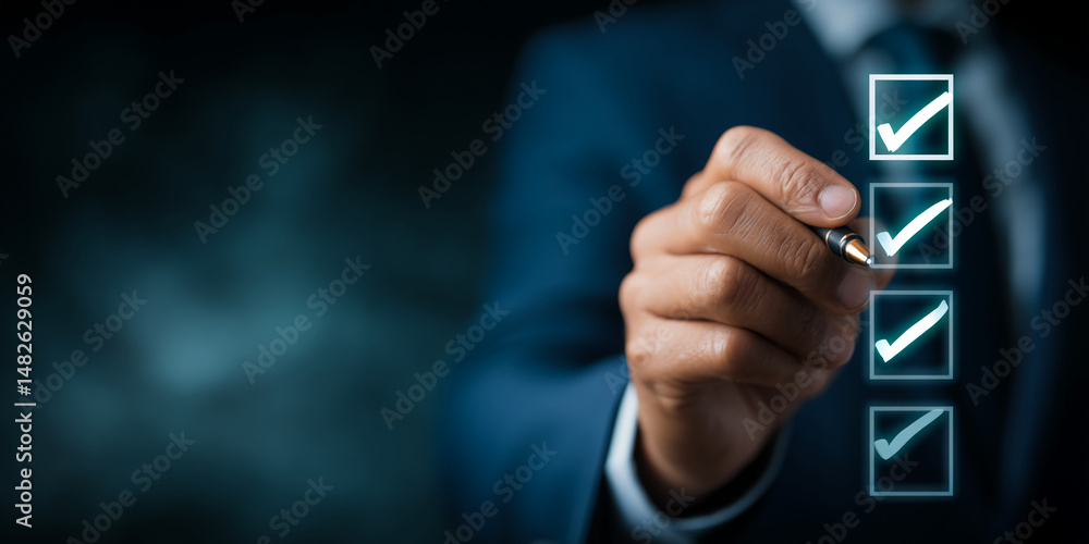 Poster close-up of hand checking items on a digital checklist, symbolizing task completion, efficiency, and