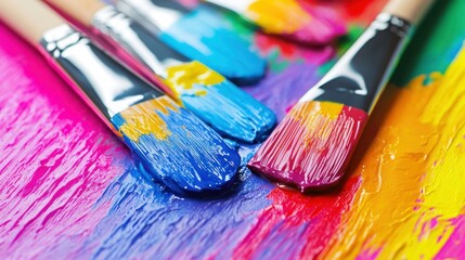 Fototapeta premium Colorful paintbrushes resting on vibrant artwork.