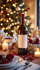Red wine bottle on Christmas table setting, with copy space