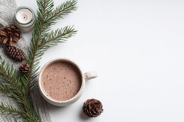Warm Cocoa Winter Scene: Cozy Mug, Pine, and Candle