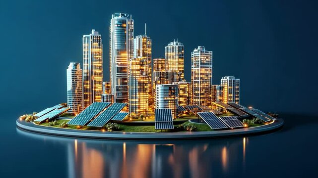 Futuristic sustainable city with solar panels reflecting on water in motion