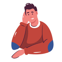 Thinking man with dark hair in sweater, smiling and resting his head on his hand, pondering new ideas. Cartoon doodle vector illustration of guy for websites, office, education, or creative projects.