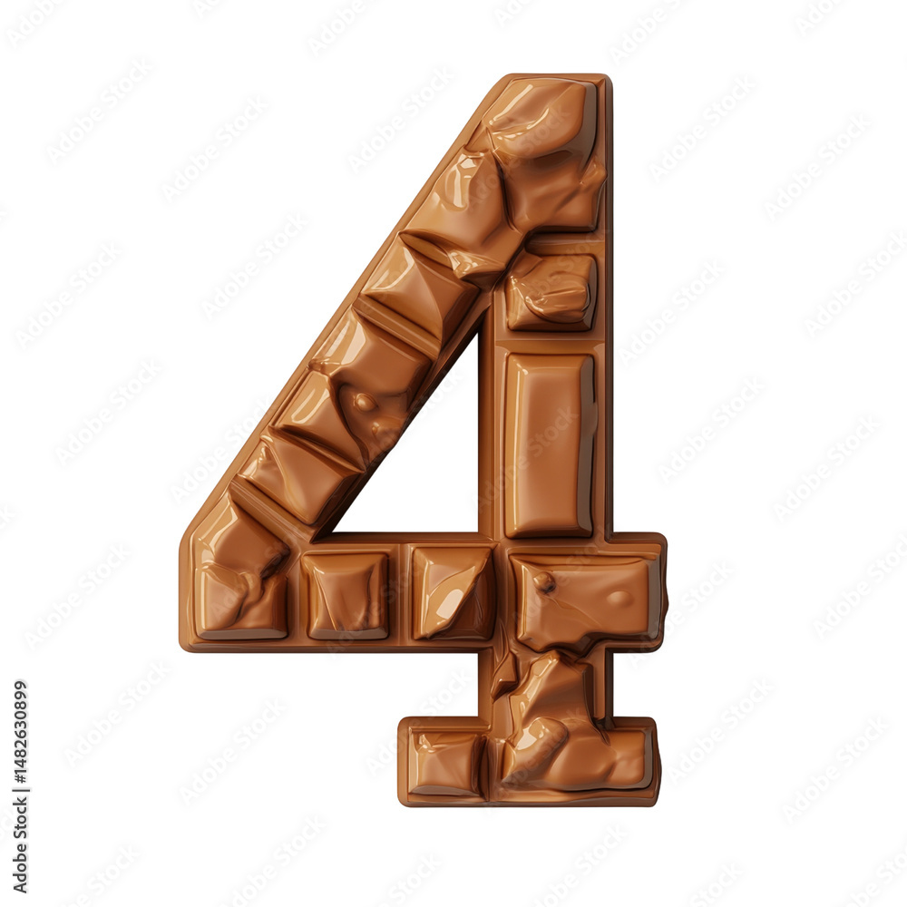 Poster creative number four made of crumpled chocolate pieces with realistic texture and shiny surface