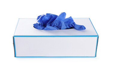 Blue medical gloves in box isolated on white