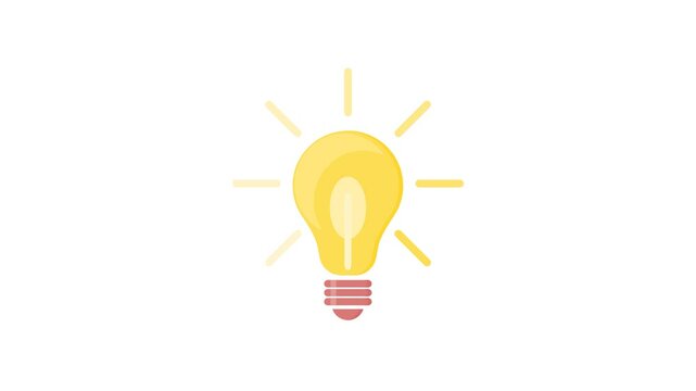 light bulb on white background. the light bulb turns on. idea lamp. yellow light. flat style. glowing lights. simple animation, motion graphics.