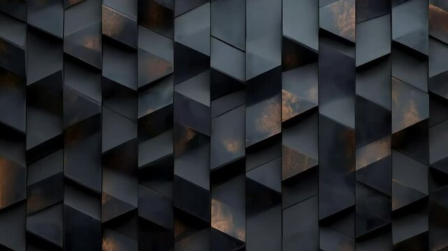 Abstract geometric pattern puzzle of dark metallic panels with 3D texture and subtle light reflections