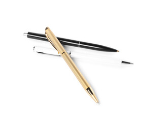 Stylish pens isolated on white, above view